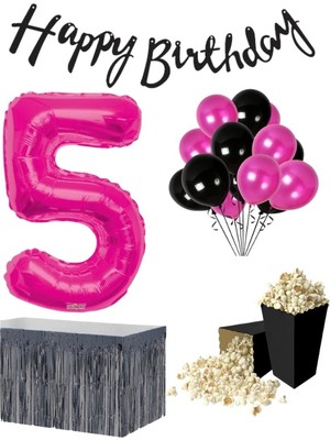Parti Furyası 5 Yaş  Pembe   Balon Rakam Folyo Banner Mısır Kutusu Masa Eteği Doğum Günü Parti Seti