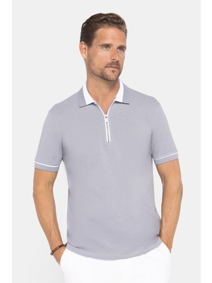 Tudors Erkek Slim Fit Dar Kesim %100 Pamuk Düz Pike Fermuarlı Gri Polo Yaka Tişört