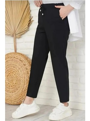 Feville Kadın Slim Fit Beli Lastikli Havuç Pantolon Krep Kumaş ile Günlük Kullanım İçin Rahat