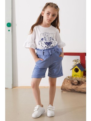 Cansın Mini Indigo Çiçek Baskılı Kuşaklı Şortlu Kız Çocuk Takım 18898