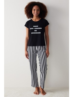 Penti Beauty Kadın Siyah Pantolon Pijama Takımı Yüksek Bel Düz Desenli Viskon Karışımlı