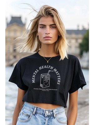 Coredra Juice Oversize Kadın Crop T-Shirt Siyah