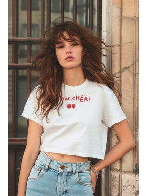 Coredra Mon Cheri Oversize Kadın Crop T-Shirt Beyaz
