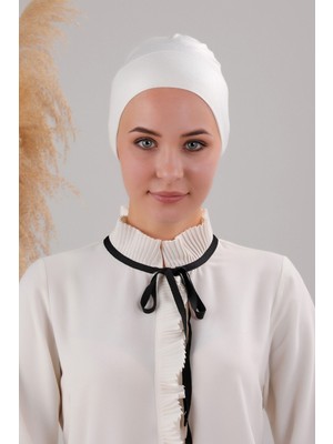 Melodi Scarf Tesettür Geçmeli Bağcıklı Viskon Likralı Bone Ekru