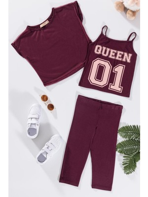 For You Kids 3'lü Queen Baskılı Tshirt Atlet Tayt Bordo Takım