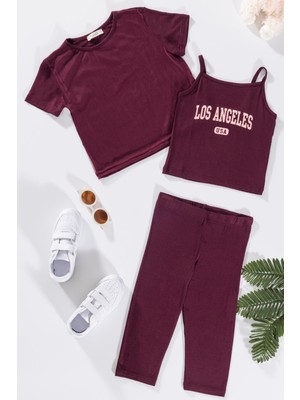 For You Kids 3'lü Los Angeles Baskılı Tshirt Atlet Tayt Bordo Takım