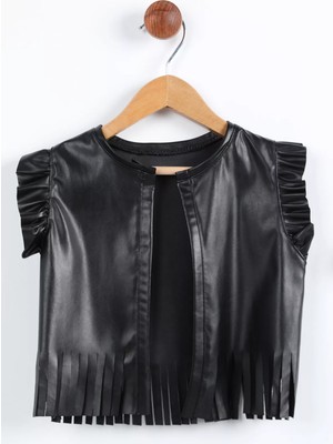 Julude Siyah Kız Çocuk Püskül Detaylı Suni Deri Yelek P-00009540