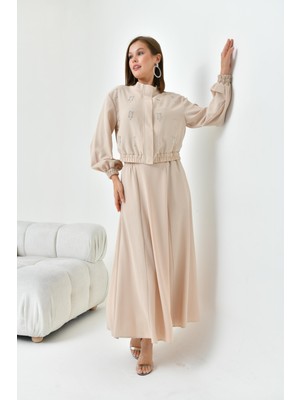 Ftz Women Bayan Simli Crep Etekli Takım Beige 30839