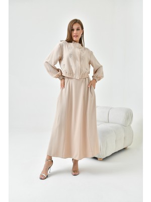 Ftz Women Bayan Simli Crep Etekli Takım Beige 30839