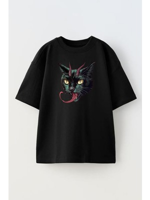 Nmg Tekstil Unisex Siyah Oversize Pamuk Şeytan Kedi Baskılı Örme T-Shirt