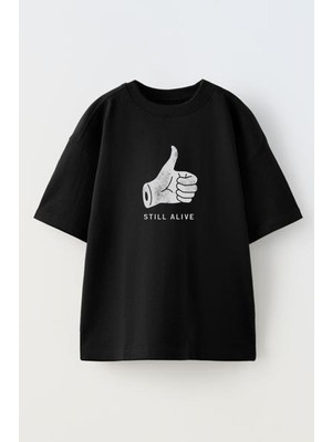 Nmg Tekstil Unisex Siyah Oversize Pamuk Still Alive Baskılı Örme T-Shirt