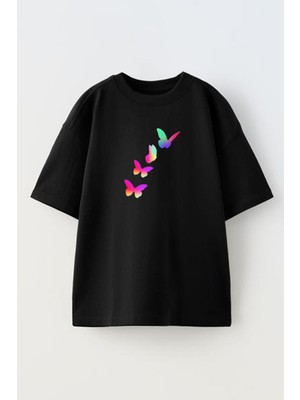 Nmg Tekstil Unisex Siyah Oversize Pamuk Renkli 4 Kelebek Baskılı Örme T-Shirt