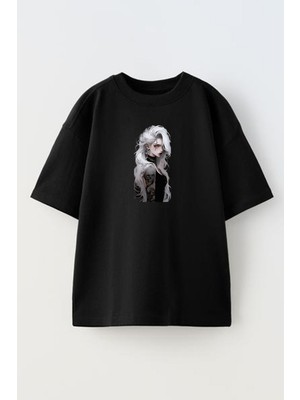 Nmg Tekstil Unisex Siyah Oversize Pamuk Beyaz Saçlı Dövmeli Anime Baskılı Örme T-Shirt