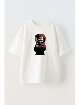 Nmg Tekstil Unisex Beyaz Oversize Pamuk Bıçaklı Chucky Baskılı Örme T-Shirt