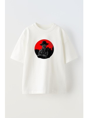 Nmg Tekstil Unisex Beyaz Oversize Pamuk Dedektif Şapkalı Baskılı Örme T-Shirt