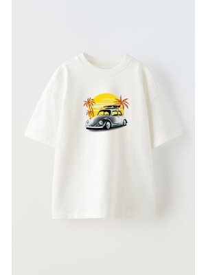 Nmg Tekstil Unisex Beyaz Oversize Pamuk Gün Batımı Vosvos Baskılı Örme T-Shirt