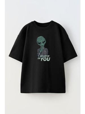 Nmg Tekstil Unisex Siyah Oversize Pamuk I Believe You Baskılı Örme T-Shirt