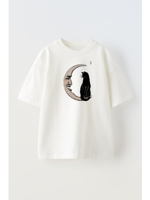Nmg Tekstil Unisex Beyaz Oversize Pamuk Kara Kedi Ay Baskılı Örme T-Shirt