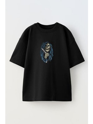 Nmg Tekstil Unisex Siyah Oversize Pamuk Mavi Saçlı Kurukafa Baskılı Örme T-Shirt