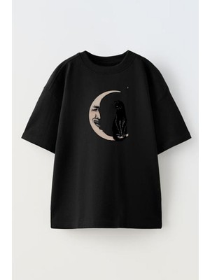Nmg Tekstil Unisex Siyah Oversize Pamuk Kara Kedi Ay Baskılı Örme T-Shirt