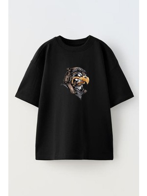 Nmg Tekstil Unisex Siyah Oversize Pamuk Kartal Pilot Baskılı Örme T-Shirt