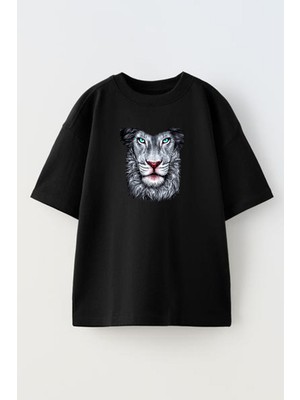 Nmg Tekstil Unisex Siyah Oversize Pamuk Mavi Gözlü Aslan Baskılı Örme T-Shirt