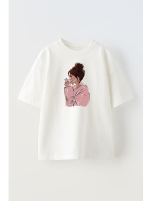 Nmg Tekstil Unisex Beyaz Oversize Pamuk Pembe Kazaklı Kadın Baskılı Örme T-Shirt