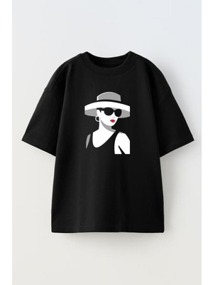 Nmg Tekstil Unisex Siyah Oversize Pamuk Kırmızı Dudak Kadın Silüet Baskılı Örme T-Shirt