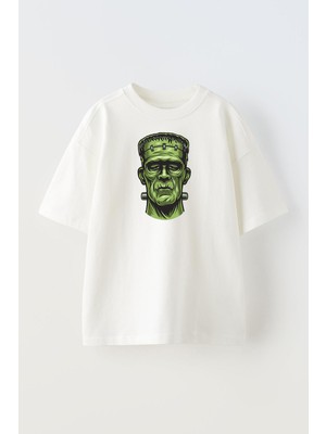 Nmg Tekstil Unisex Beyaz Oversize Pamuk Frankestein Baskılı Örme T-Shirt