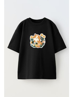 Nmg Tekstil Unisex Siyah Oversize Pamuk Papatya Kedicik Baskılı Örme T-Shirt