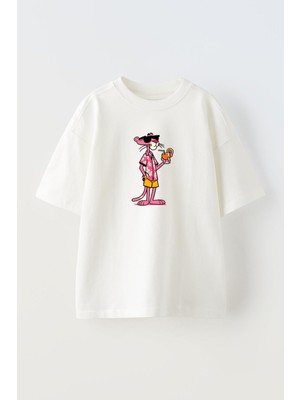 Nmg Tekstil Unisex Beyaz Oversize Pamuk Portakal Pembe Panter Baskılı Örme T-Shirt