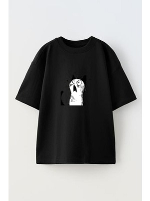 Nmg Tekstil Unisex Siyah Oversize Pamuk Korkak Kedi Baskılı Örme T-Shirt
