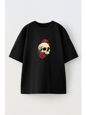 Nmg Tekstil Unisex Siyah Oversize Pamuk Ağzında Gül Kurukafa Baskılı Örme T-Shirt