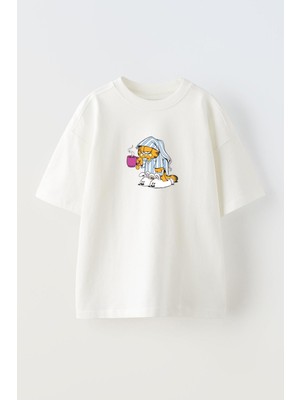Nmg Tekstil Unisex Beyaz Oversize Pamuk Garlfield Uykucu Baskılı Örme T-Shirt
