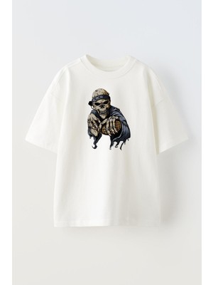 Nmg Tekstil Unisex Beyaz Oversize Pamuk Mavi Çengelli Kurukafa Baskılı Örme T-Shirt