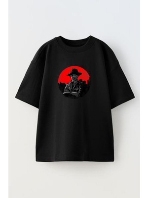 Nmg Tekstil Unisex Siyah Oversize Pamuk Dedektif Şapkalı Baskılı Örme T-Shirt