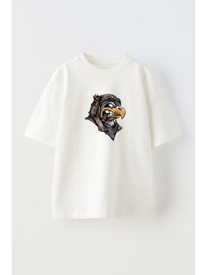 Nmg Tekstil Unisex Beyaz Oversize Pamuk Kartal Pilot Baskılı Örme T-Shirt