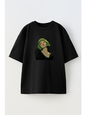 Nmg Tekstil Unisex Siyah Oversize Pamuk Yeşil Saçlı Kız Baskılı Örme T-Shirt