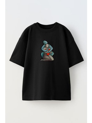 Nmg Tekstil Unisex Siyah Oversize Pamuk Çizim Sarılanlar Baskılı Örme T-Shirt