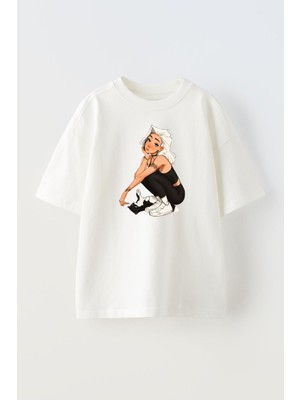 Nmg Tekstil Unisex Beyaz Oversize Pamuk Beyazsaçlı Kız Çizgi Karakter Baskılı Örme T-Shirt