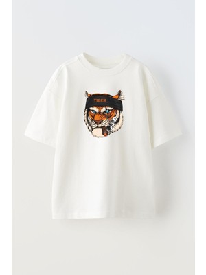 Nmg Tekstil Unisex Beyaz Oversize Pamuk Bandanalı Tiger Baskılı Örme T-Shirt
