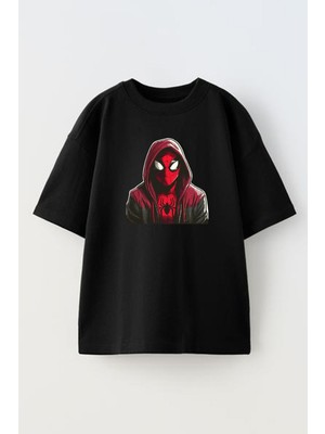 Nmg Tekstil Unisex Siyah Oversize Pamuk Spiderman Kapşonlu Baskılı Örme T-Shirt