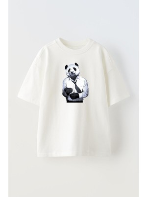 Nmg Tekstil Unisex Beyaz Oversize Pamuk Gömlekli Panda Baskılı Örme T-Shirt