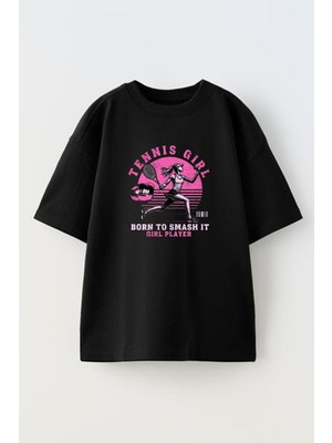 Nmg Tekstil Unisex Siyah Oversize Pamuk Tennis Girl Pembe Baskılı Örme T-Shirt