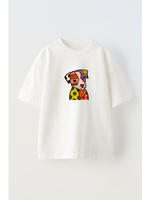 Nmg Tekstil Unisex Beyaz Oversize Pamuk Karışık Çizim Köpek Baskılı Örme T-Shirt