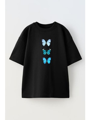 Nmg Tekstil Unisex Siyah Oversize Pamuk 3lü Mavi Kelebek Baskılı Örme T-Shirt