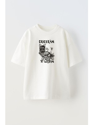 Nmg Tekstil Unisex Beyaz Oversize Pamuk Creceran Baskılı Örme T-Shirt
