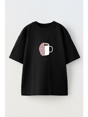 Nmg Tekstil Unisex Siyah Oversize Pamuk My Brain Coffee Baskılı Örme T-Shirt