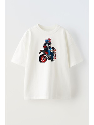 Nmg Tekstil Unisex Beyaz Oversize Pamuk Kucakta Motor Çift Baskılı Örme T-Shirt
