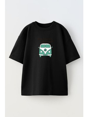 Nmg Tekstil Unisex Siyah Oversize Pamuk Beyaz Yeşil Vos Minibüs Baskılı Örme T-Shirt